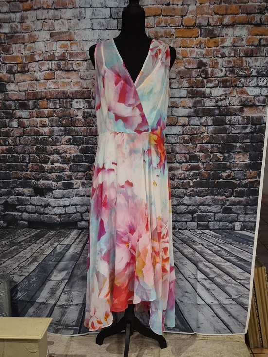 Calvin Klein Dresses & Skirts - Calvin Klein Watercolor Floral High-Low Wrap Dress - Pink Blue Coral